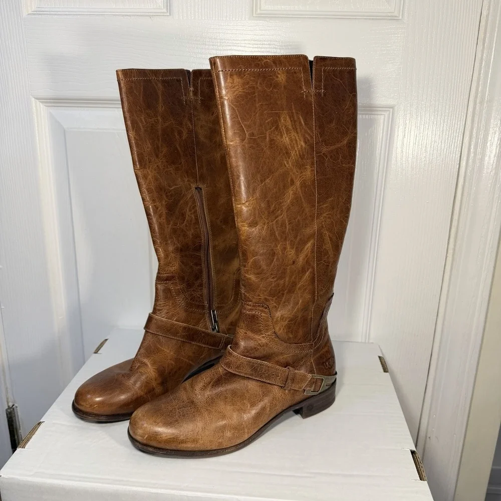 UGG Australia Channing Brown Leather Harness Knee High Riding Boots Sz 7